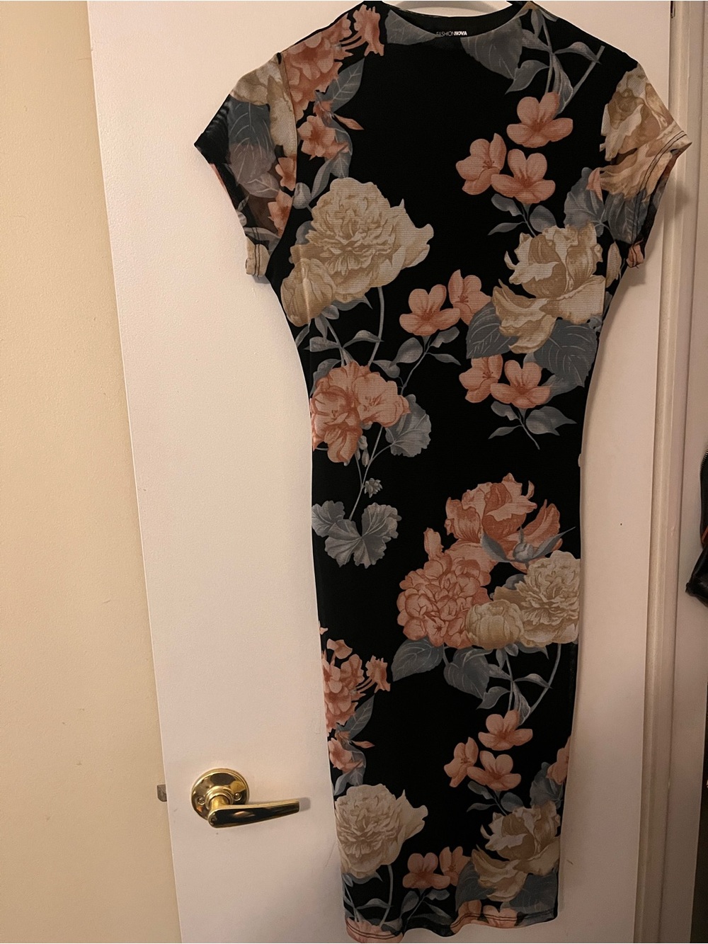 Fashion Nova Black Midi Dress with Peach & Cream Floral Print